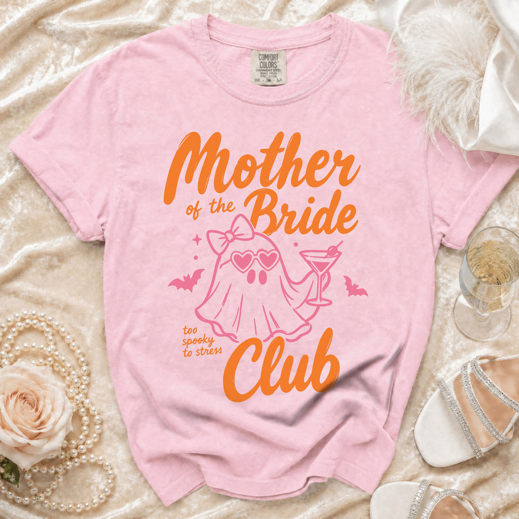 Pink t-shirt with "Mother of the Bride" text and a ghost graphic.