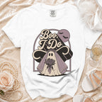 White t-shirt with "Boo, I Do" text and a ghost bride graphic.