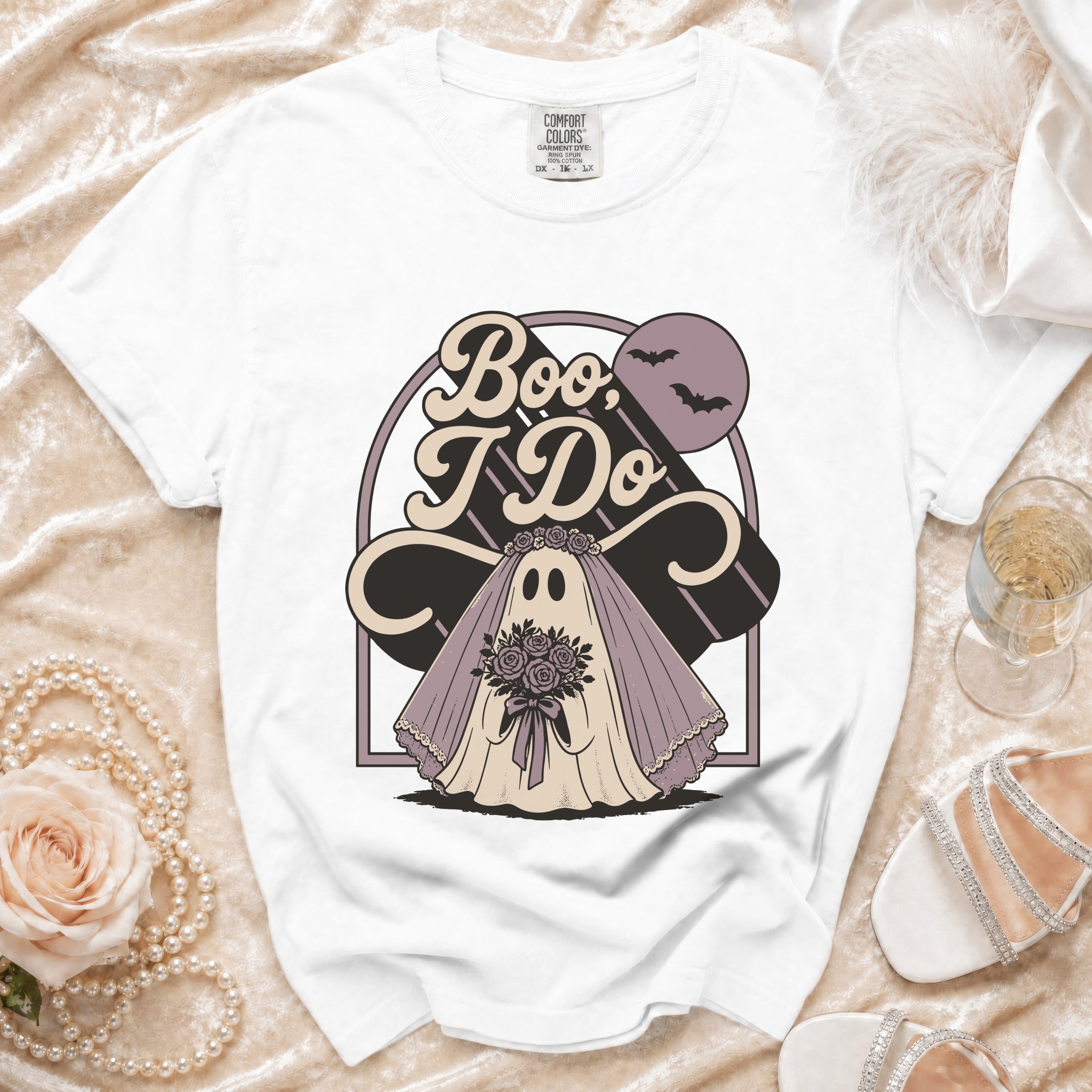 White t-shirt with "Boo, I Do" text and a ghost bride graphic.