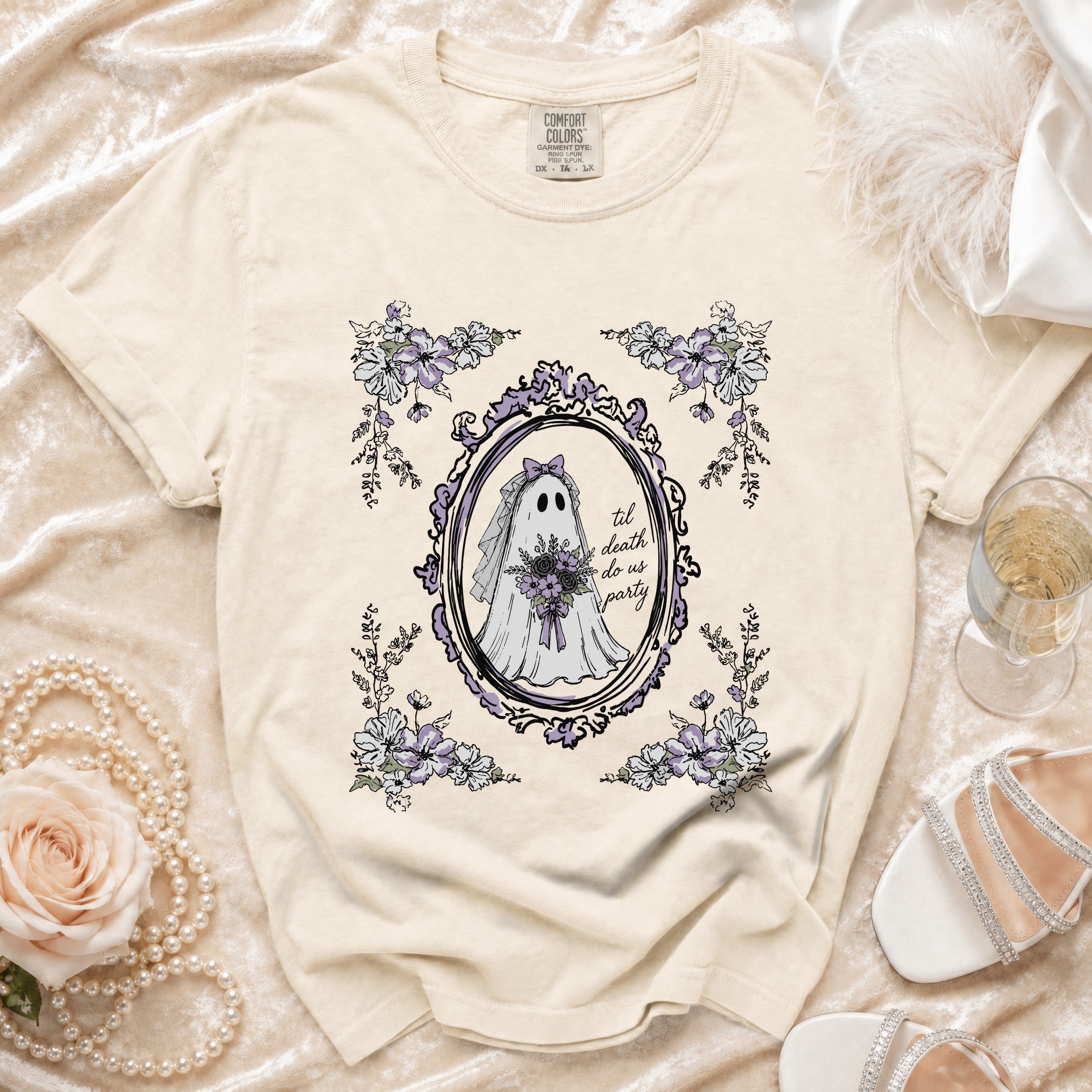 Cream t-shirt with ghost bride graphic and "til death do us party" text.