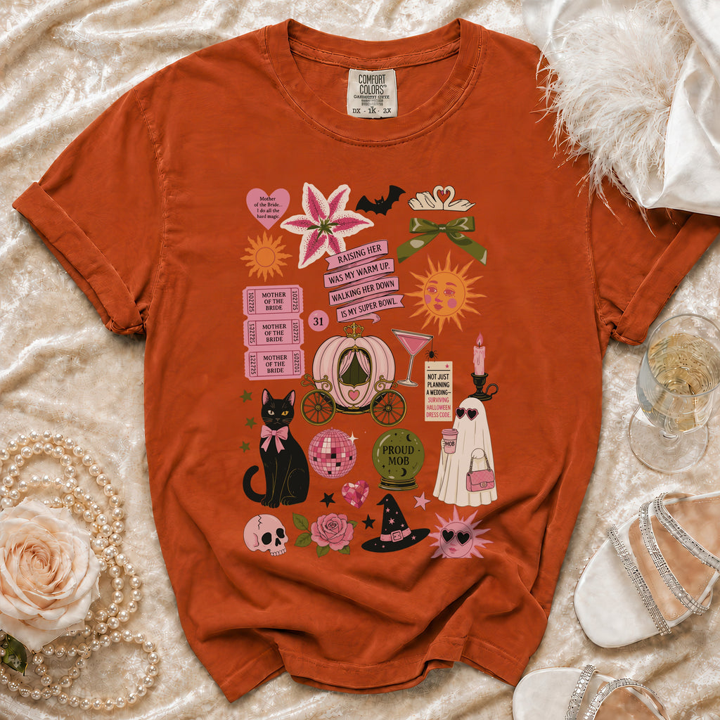 Orange t-shirt with "Mother of the Bride" graphics including a cat, pumpkin carriage, and phrases.