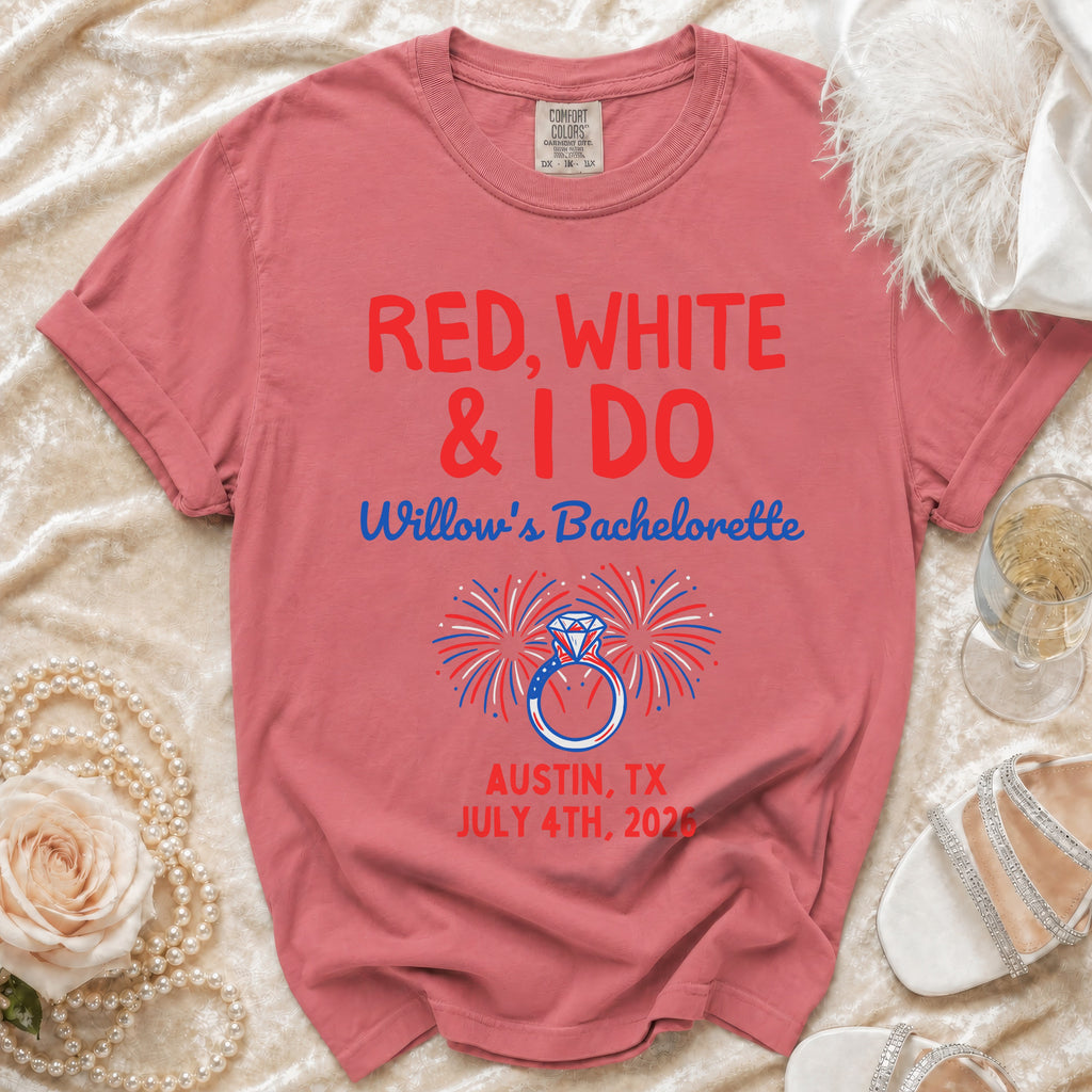 Red, White & I Do Willow's Bachelorette shirt in Austin, TX July 4th, 2026.