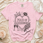 Pink t-shirt with "Maid of Dishonor" text, crown, lipstick, and flowers graphic.