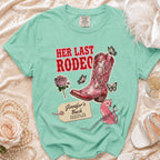 "Her Last Rodeo" graphic tee with cowboy boot, rose, and leopard.