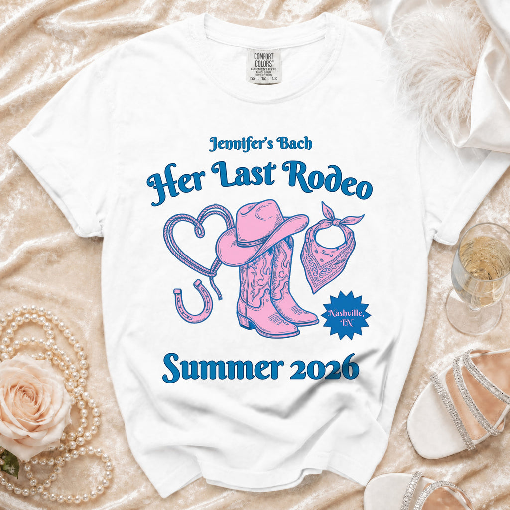 White t-shirt for "Jennifer's Bach: Her Last Rodeo, Nashville, TN Summer 2026."