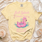 Yellow t-shirt with "Last Splash Sarah's Bach" and Malibu, ca Summer 2026.