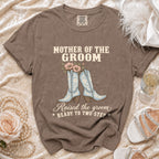 Brown t-shirt with "Mother of the Groom" and cowboy boots graphic.