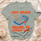 Last Splash Bach Malibu GA Summer 2026 t-shirt with inflatable mattress and drink.