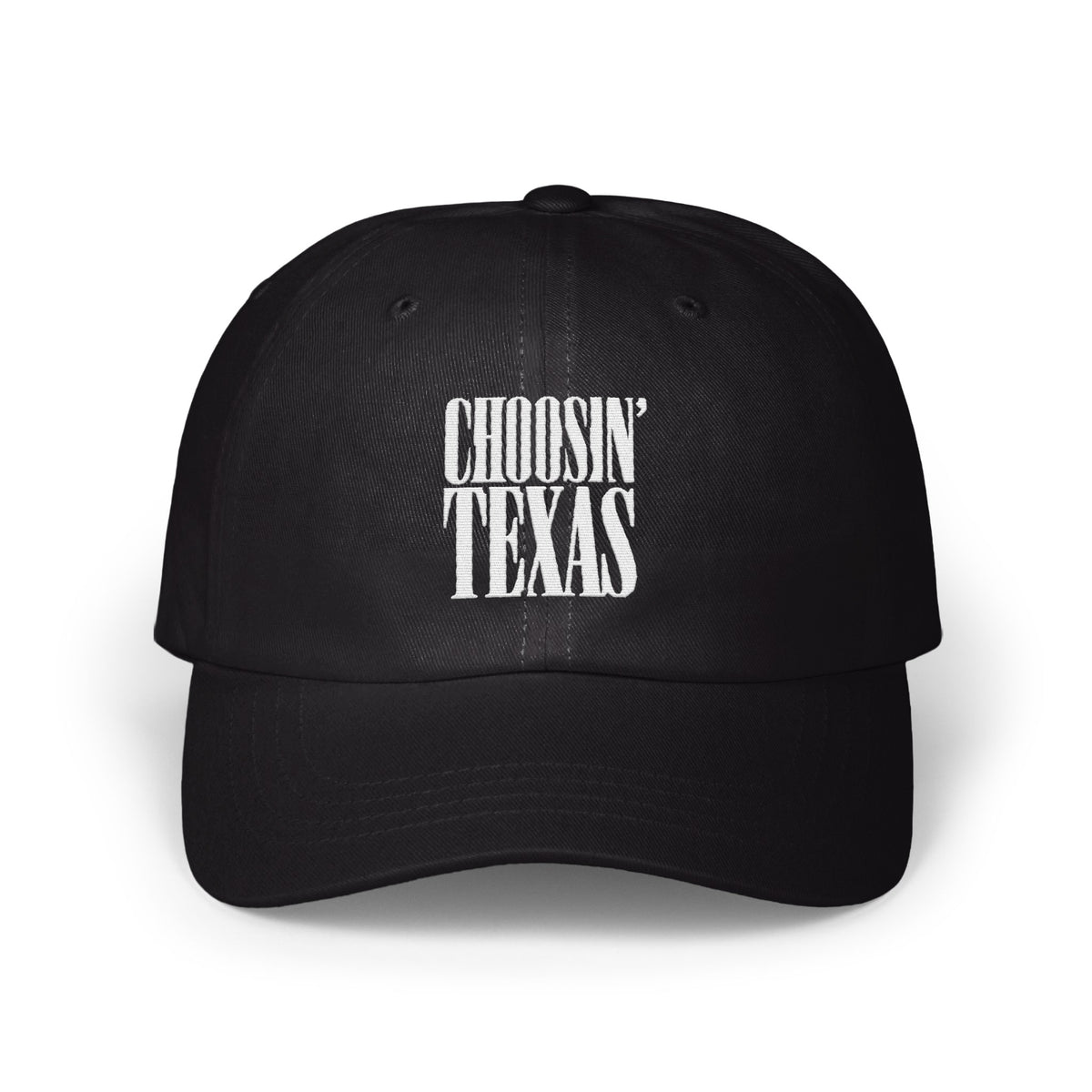 Black baseball cap with white embroidered text reading CHOOSIN' TEXAS centered on the front panels.