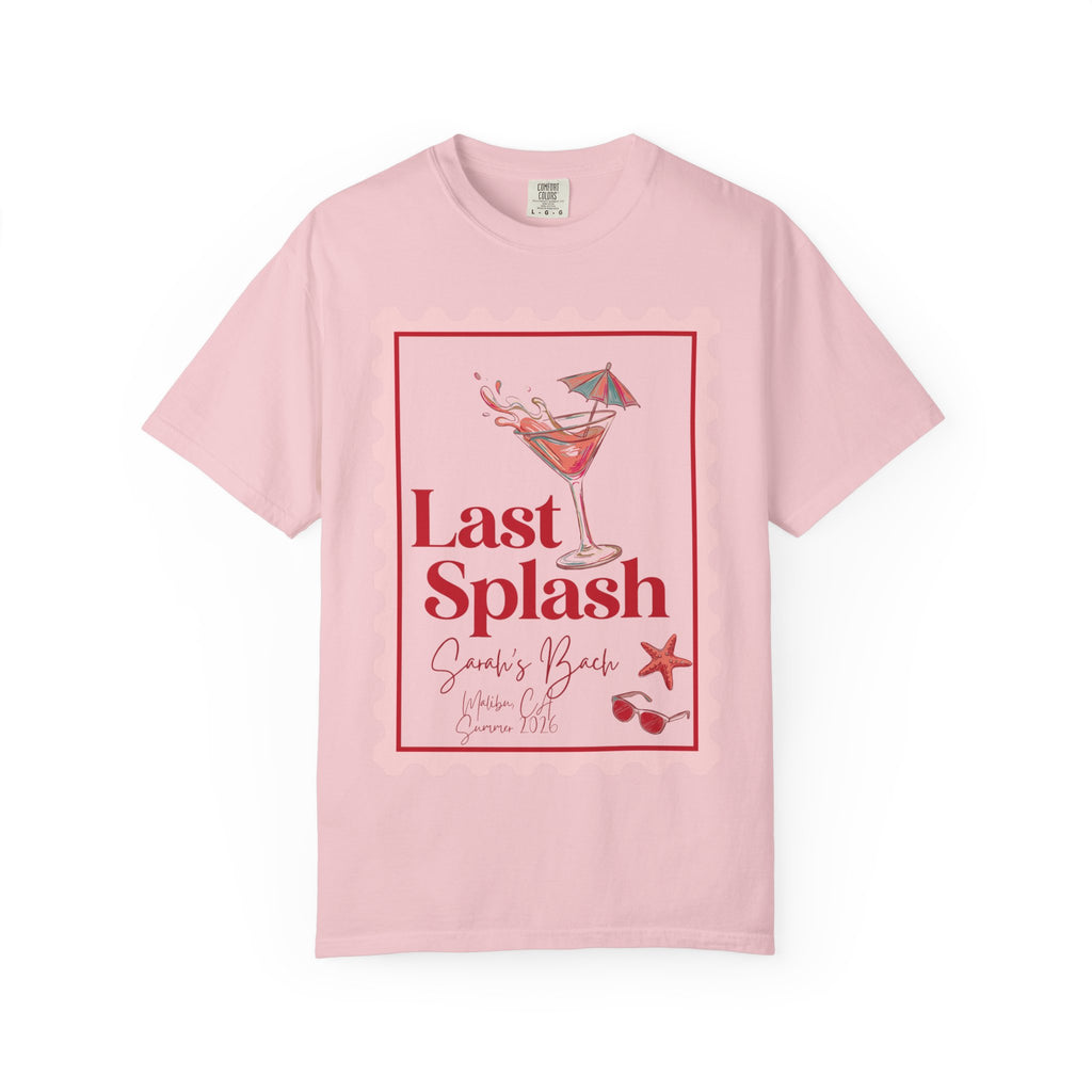 Pink t-shirt with "Last Splash" cocktail graphic and "Sarah's Bach Summer 2026" text.