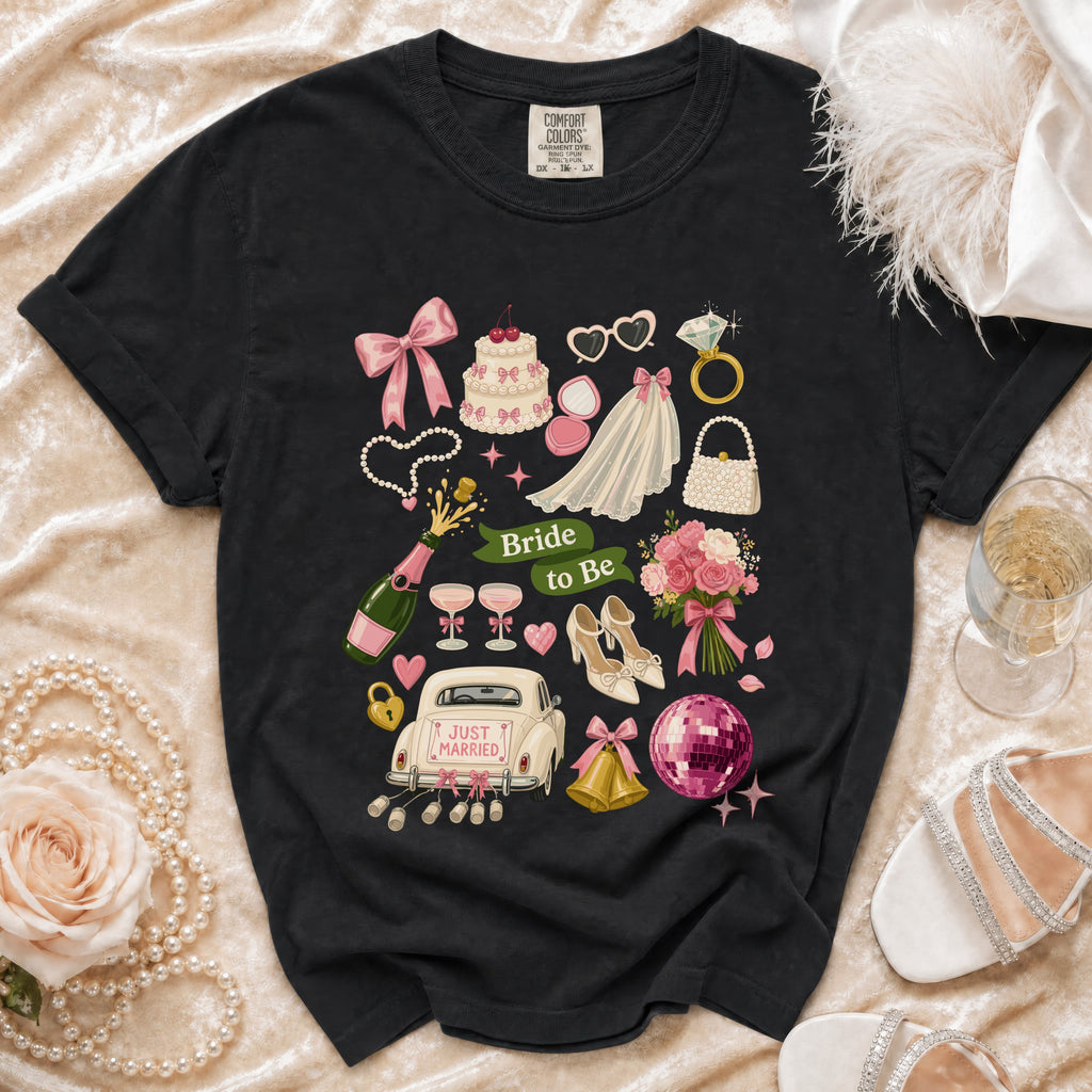 Black t-shirt with "Bride to Be" graphic and wedding icons.