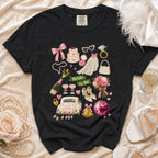 Black t-shirt with "Bride to Be" graphic and wedding icons.