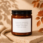 Amber candle with text "Thank you for raising a kind heart, and for making this family feel like home."