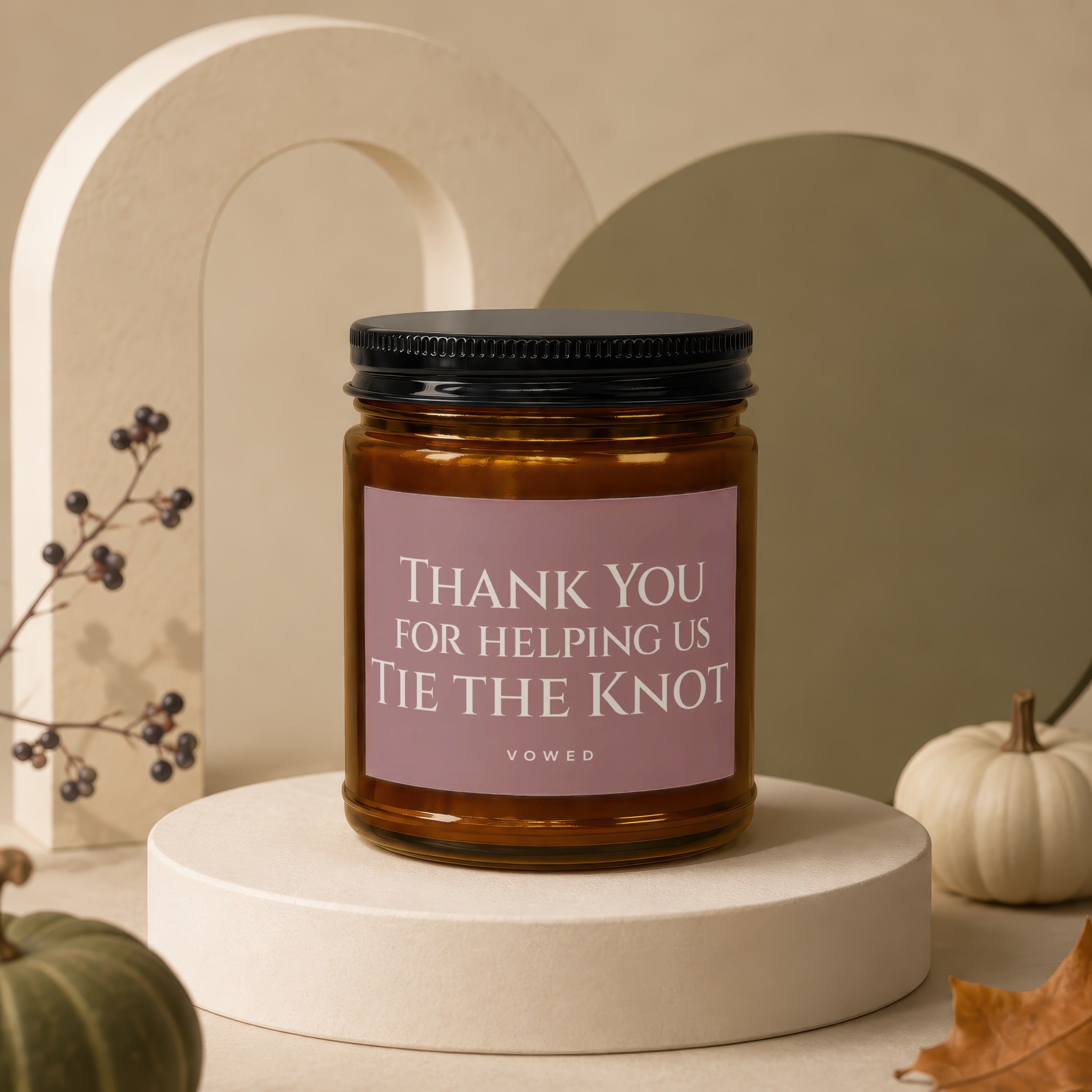 Amber candle with "Thank You For Helping Us Tie The Knot" text.