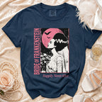 Navy t-shirt with Bride of Frankenstein graphic and "Happily Never After" text.