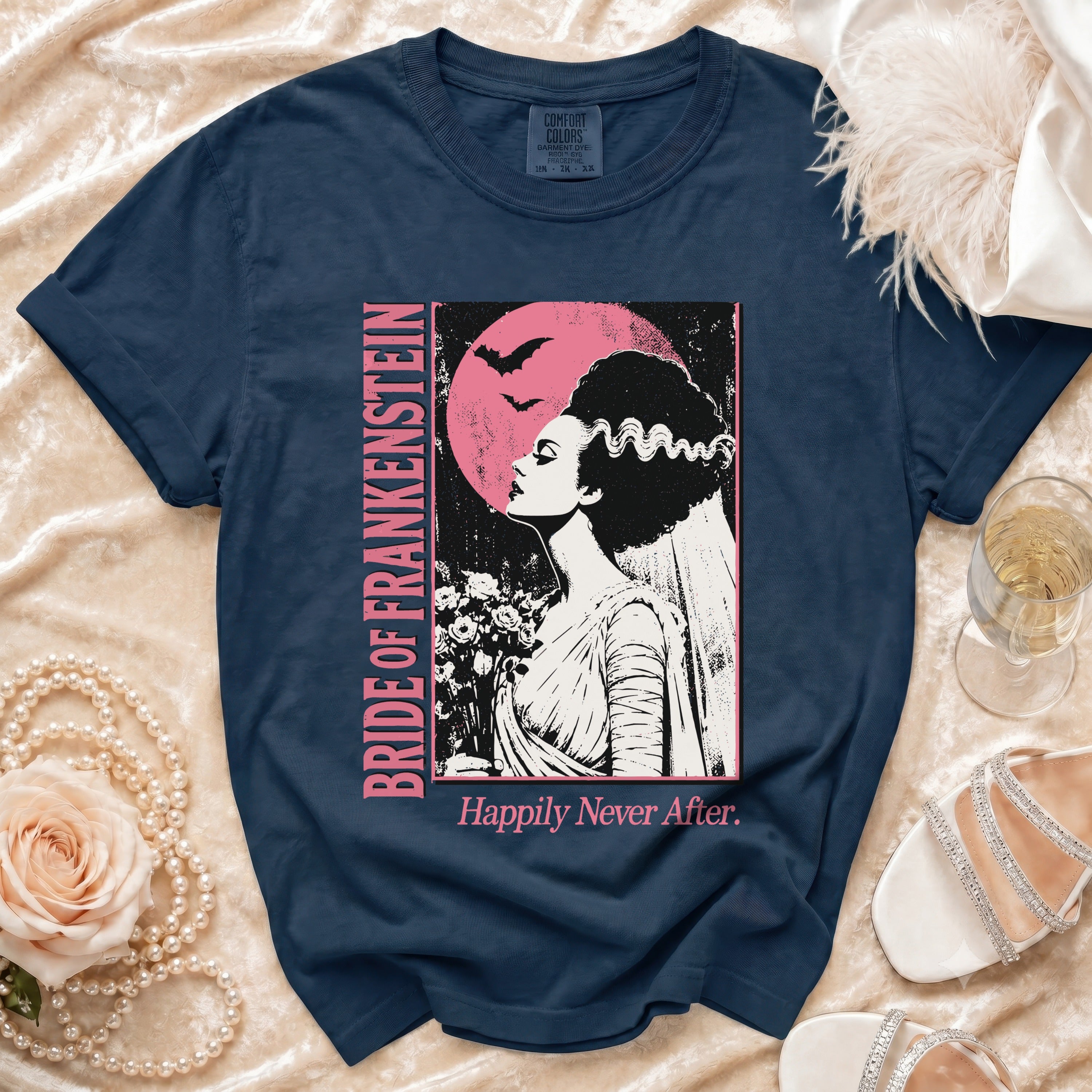 Navy t-shirt with Bride of Frankenstein graphic and "Happily Never After" text.