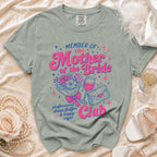 "Member of the Mother of the Bride Club" graphic t-shirt with floral and wine illustrations.