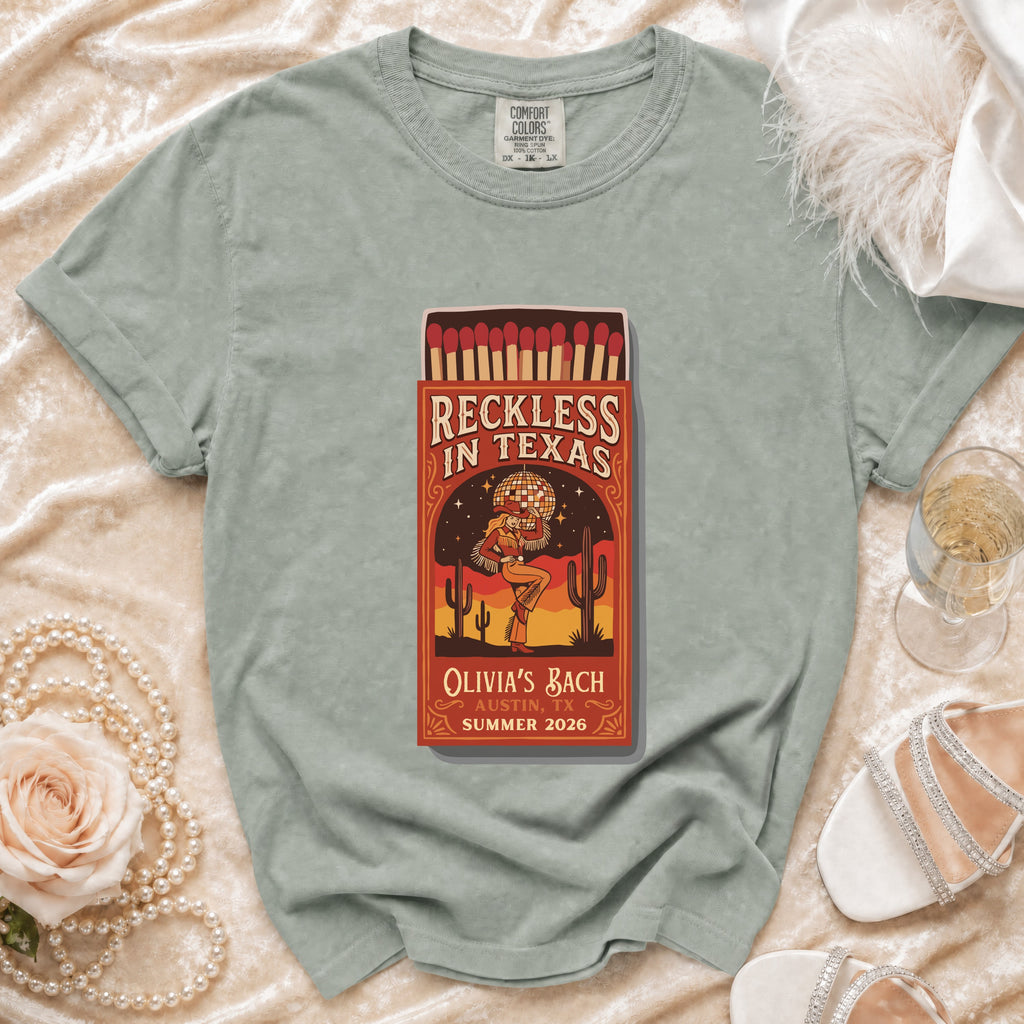 T-shirt with matchbox graphic for "Olivia's Bach" in Austin, TX Summer 2026.