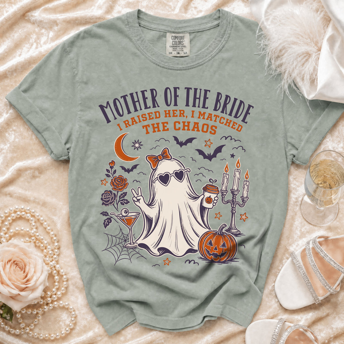 T-shirt with ghost graphic and text "Mother of the Bride I Raised Her, I Matched The Chaos".