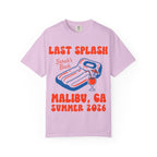 Pink t-shirt with "Last Splash Sarah's Bach Malibu, CA Summer 2026" text and graphics.