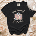 Black t-shirt with "just married going places" text and suitcase graphic.