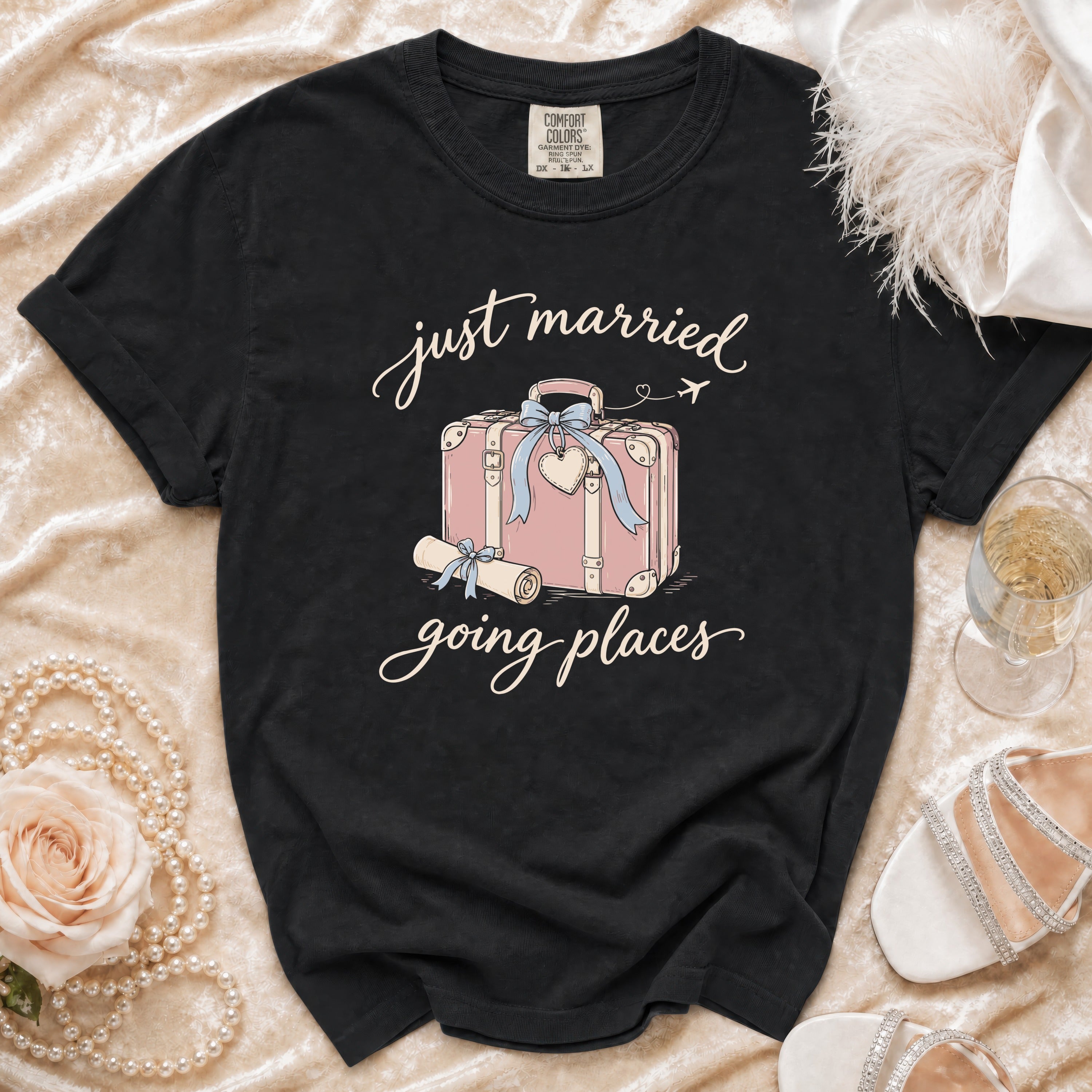 Black t-shirt with "just married going places" text and suitcase graphic.