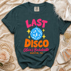 T-shirt with "Last Disco Olivia's Bachelorette Austin, TX" text and disco ball graphic.