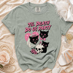 T-shirt with "Til Death Do Us Party" and black cats around a skull.