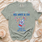 "Willow's Bachelorette" t-shirt with fireworks, champagne, and text "Austin, TX July 4th, 2026".