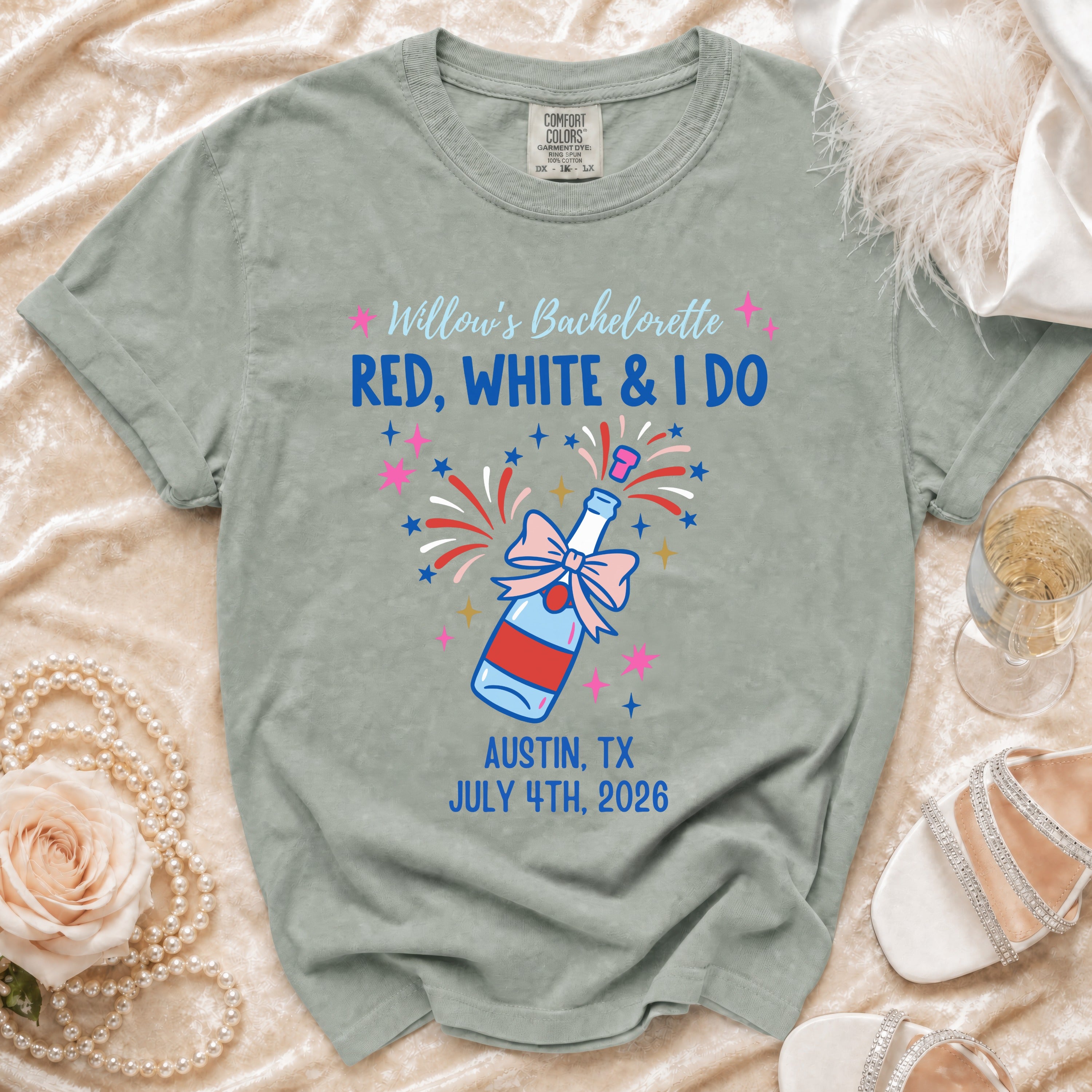 "Willow's Bachelorette" t-shirt with fireworks, champagne, and text "Austin, TX July 4th, 2026".