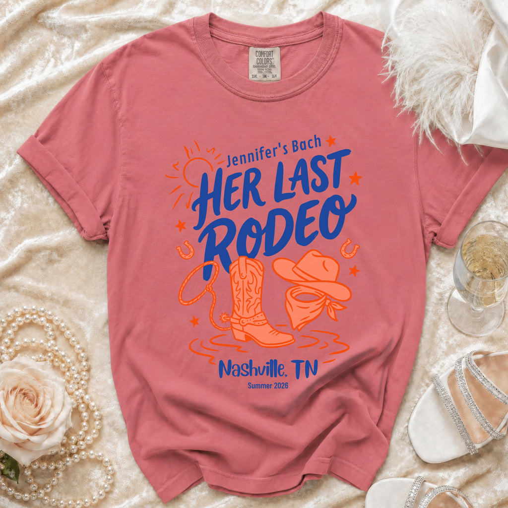 T-shirt with "Jennifer's Bach HER LAST RODEO Nashville, TN Summer 2026" and rodeo graphics.