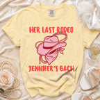 Yellow t-shirt with "Her Last Rodeo Jennifer's Bach" text and cowboy hat graphic.