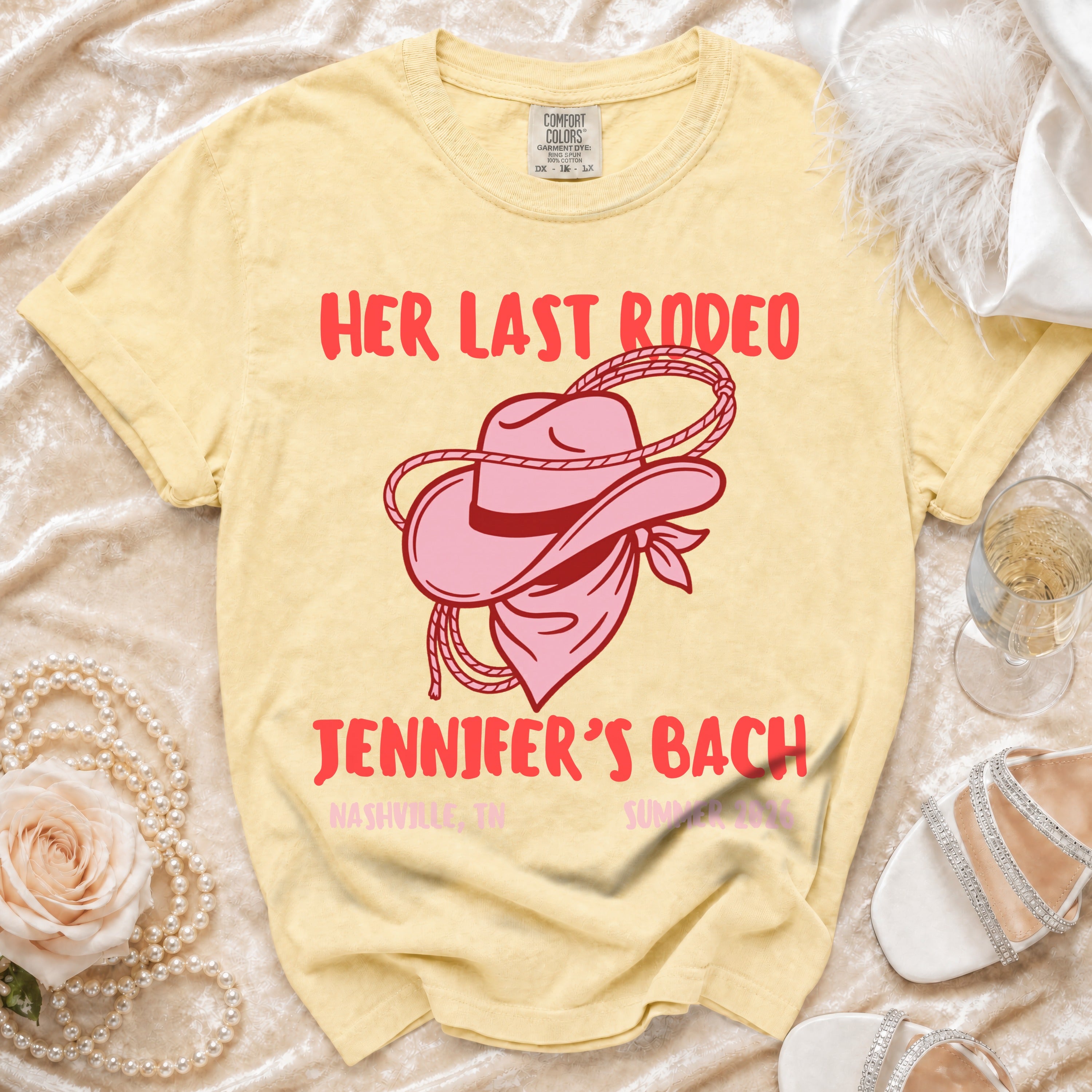 Yellow t-shirt with "Her Last Rodeo Jennifer's Bach" text and cowboy hat graphic.