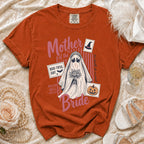 Orange Comfort Colors shirt with "Mother of the Bride" Halloween ghost graphic.