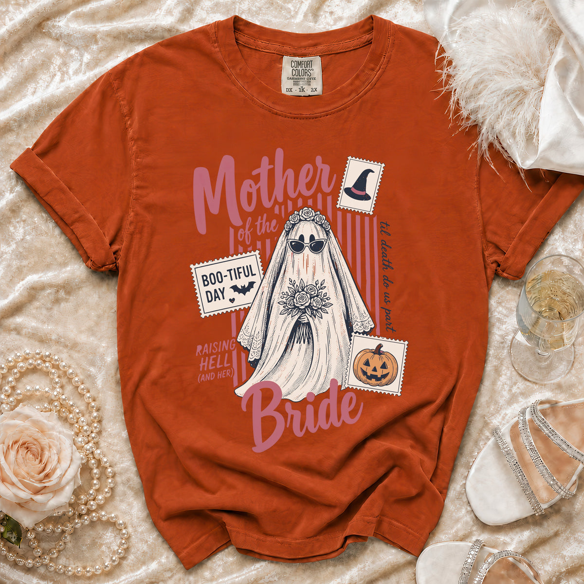 Orange Comfort Colors shirt with "Mother of the Bride" Halloween ghost graphic.