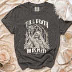 Dark gray t-shirt with skeleton bride graphic and "Till Death Do Us Party" text.