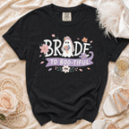 Black t-shirt with "Bride to Boo-tiful" text and a floral ghost graphic.
