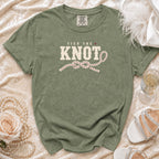 Olive green t-shirt with "Tied the Knot" text and a rope knot graphic.