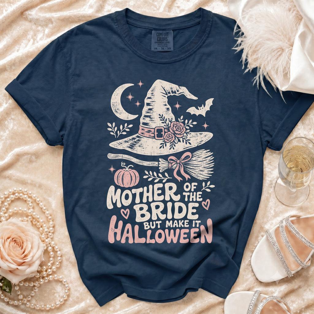 Navy t-shirt with "Mother of the Bride, But Make It Halloween" text and witch hat graphic.