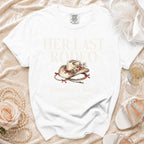 White t-shirt with "HER LAST RODEO" and "Jennifer's Bach" text.