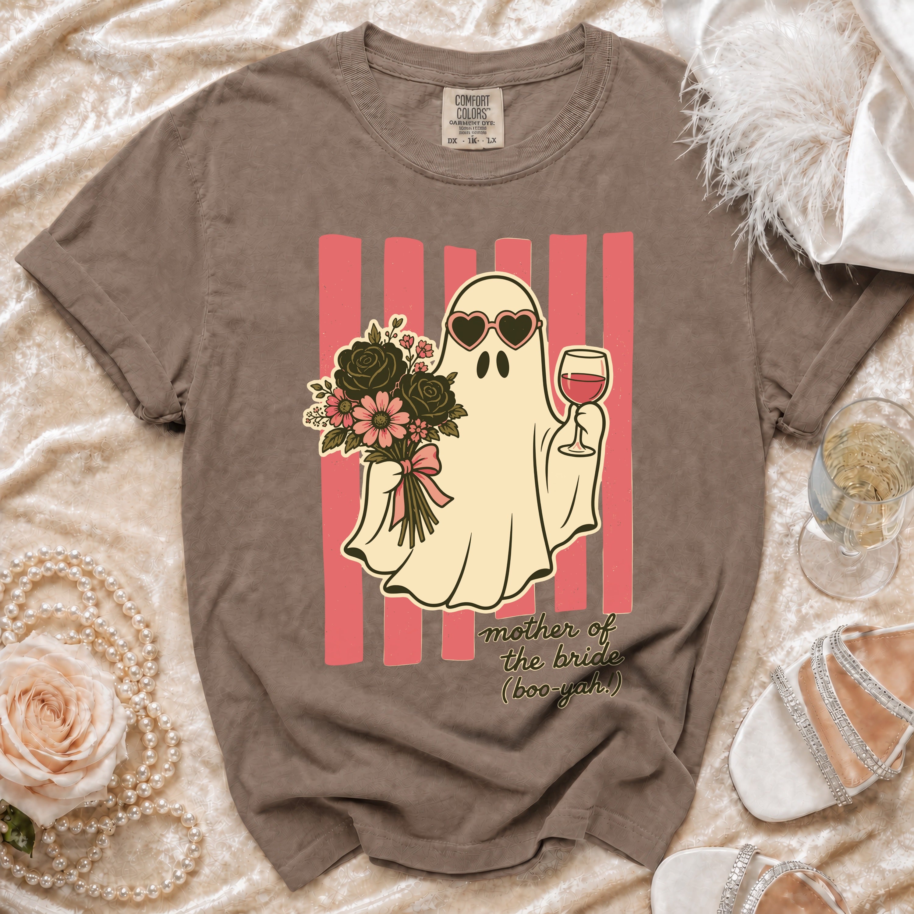Brown Comfort Colors t-shirt with ghost design, "mother of the bride (boo-yah.)".