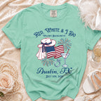 Mint green t-shirt with "Red, White & I Do" and "Willow's Bachelorette Austin, TX July 4th, 2026" design.
