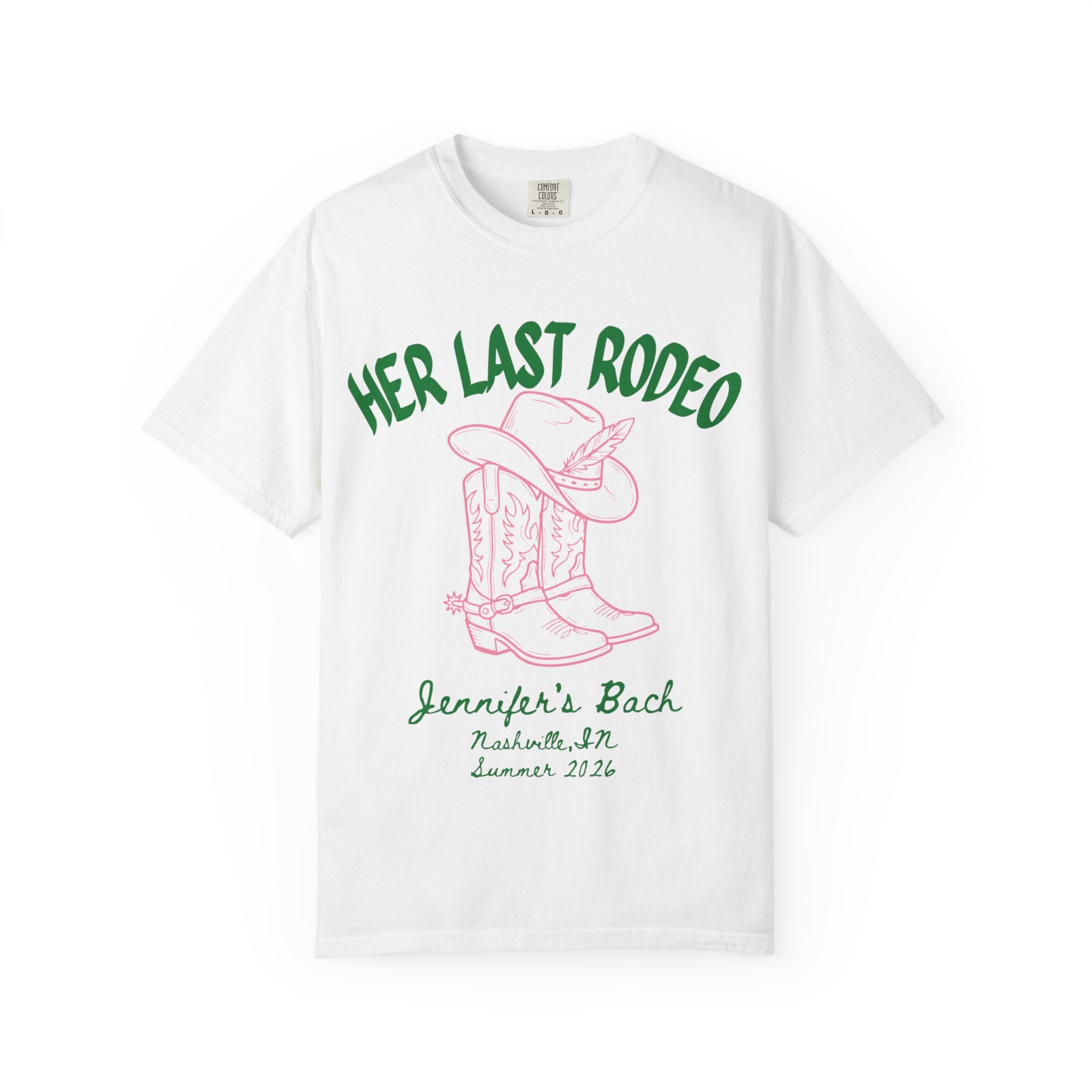 White t-shirt with "Her Last Rodeo" and cowboy boot graphics for Jennifer's Bach.