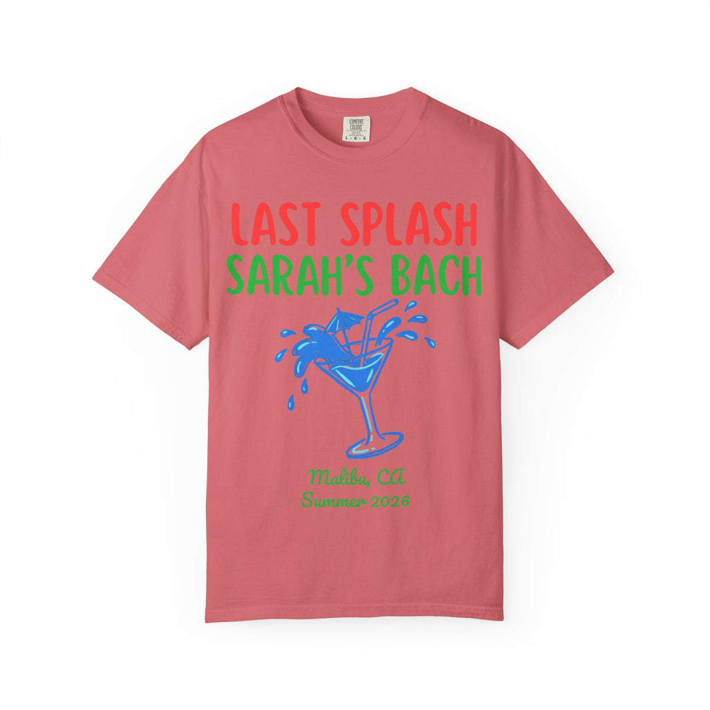 Salmon t-shirt with "LAST SPLASH SARAH'S BACH" and a cocktail glass.
