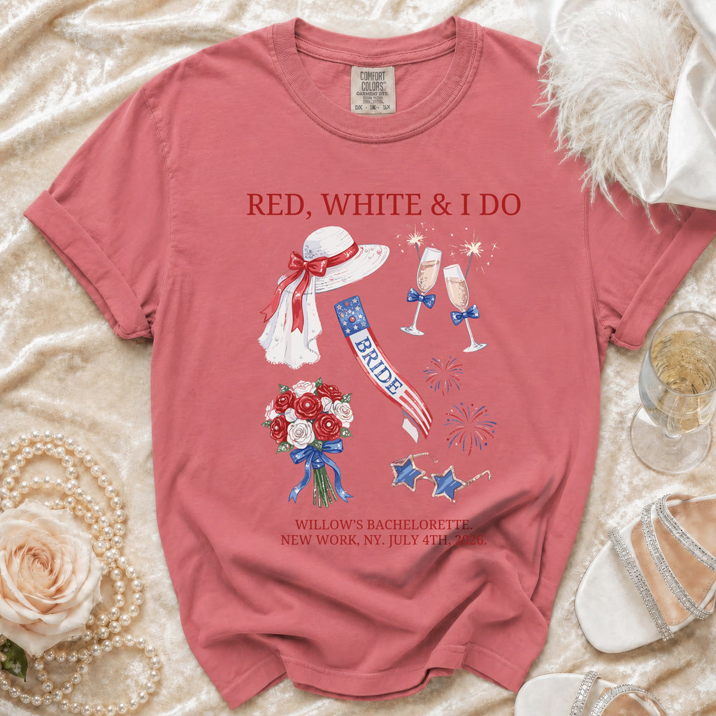 Red, white, and I do bride bachelorette shirt with fireworks and champagne.