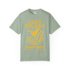 Sage green t-shirt with "LAST SPLASH" in orange, martini glass, shaker, and waves.