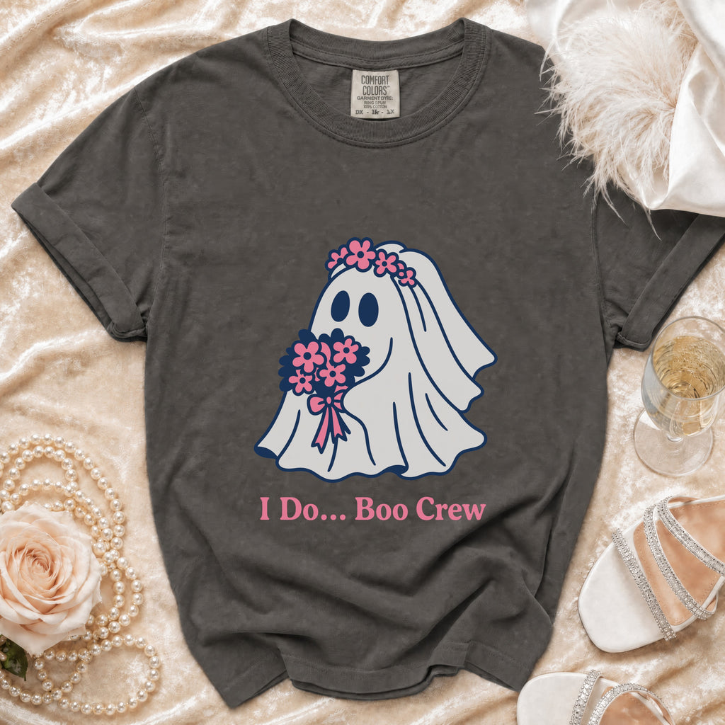 Dark gray t-shirt with ghost bride graphic and "I Do... Boo Crew" text.