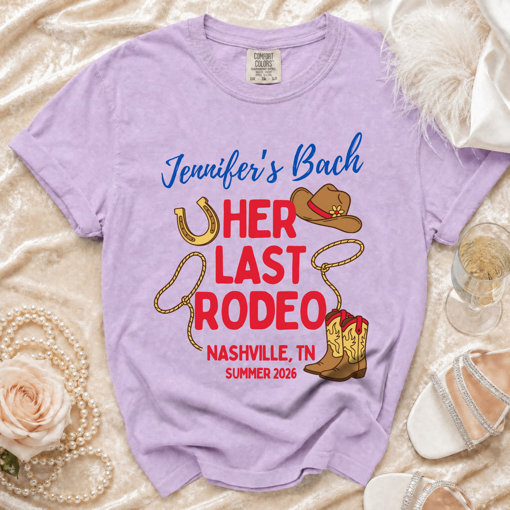 Lavender t-shirt for "Jennifer's Bach Her Last Rodeo Nashville, TN Summer 2026."