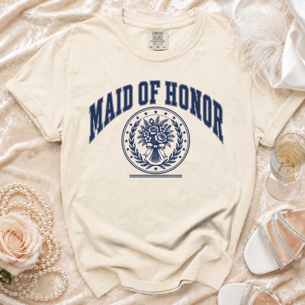 Maid of Honor t-shirt with floral crest and laurel wreath design.