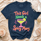 Navy t-shirt with "This Girl Needs a Spicy Marg" graphic and a margarita.
